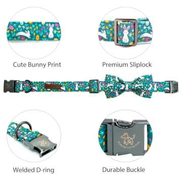 Elegant little tail Easter Dog Collar, Bunny Print Dog Collar with Bow Girl Boy Pet Collar Bowtie Spring Collar Holiday Dog Collar Adjustable Dog Collar for Medium Dogs