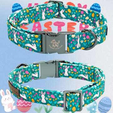 Elegant little tail Easter Dog Collar, Bunny Print Dog Collar with Bow Girl Boy Pet Collar Bowtie Spring Collar Holiday Dog Collar Adjustable Dog Collar for Medium Dogs