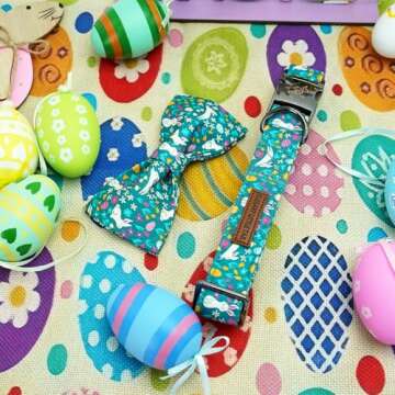 Elegant little tail Easter Dog Collar, Bunny Print Dog Collar with Bow Girl Boy Pet Collar Bowtie Spring Collar Holiday Dog Collar Adjustable Dog Collar for Medium Dogs