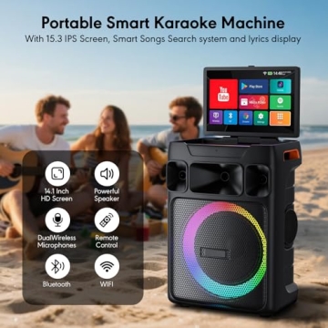 Smart Karaoke Machine with 14.1 Inch HD Screen & Dual Wireless Microphones for Endless Fun!