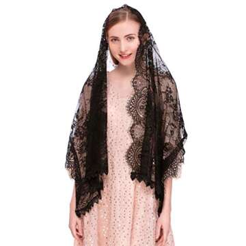 PAMOR Rectangular Chapel Veil Spanish Lace Floral Mantilla Veils Wrap Shawl Mass Head Covering (Blac...