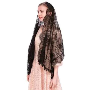 PAMOR Rectangular Chapel Veil Spanish Lace Floral Mantilla Veils Wrap Shawl Mass Head Covering (Black)
