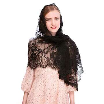 PAMOR Rectangular Chapel Veil Spanish Lace Floral Mantilla Veils Wrap Shawl Mass Head Covering (Black)