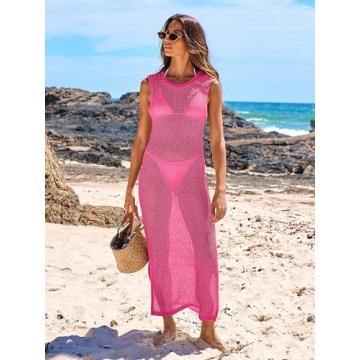 ANRABESS Womens Swimsuit Cover Up Sleeveless Hollow Knit Bikini Swimwear Bathing Suit Coverup Crochet Beach Dress Pink Small
