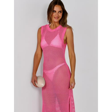 ANRABESS Womens Swimsuit Cover Up Sleeveless Hollow Knit Bikini Swimwear Bathing Suit Coverup Crochet Beach Dress Pink Small