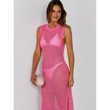 ANRABESS Womens Swimsuit Cover Up Sleeveless Hollow Knit Bikini Swimwear Bathing Suit Coverup Crochet Beach Dress Pink Small