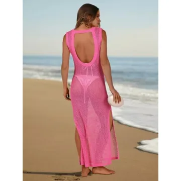 ANRABESS Womens Swimsuit Cover Up Sleeveless Hollow Knit Bikini Swimwear Bathing Suit Coverup Crochet Beach Dress Pink Small