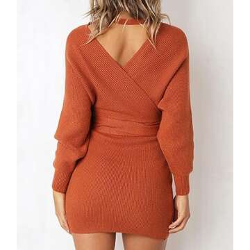 Mansy Women's Sexy Cocktail Batwing Long Sleeve Backless Mock Wrap Knit Sweater Mini Dress Orange
