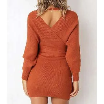 Mansy Women's Sexy Cocktail Batwing Long Sleeve Backless Mock Wrap Knit Sweater Mini Dress Orange