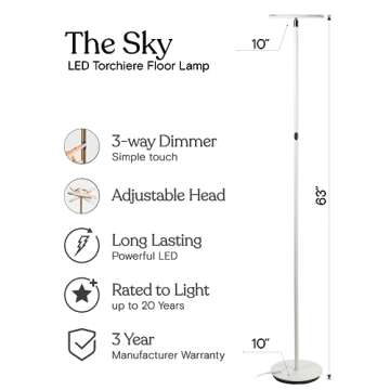Brightech Sky LED Torchiere Super Bright Floor Lamp - Contemporary, High Lumen Light for Living Rooms and Offices - Dimmable, Indoor Pole Uplight for Bedroom Reading - White