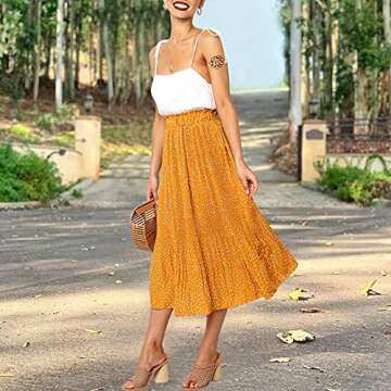 Exlura Women’s High Waist Polka Dot Pleated Midi Swing Skirt with Pockets Mustard Yellow Small