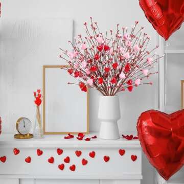Sggvecsy Heart Shaped Berry Picks 6 Pcs Artificial Red Berry Twig Flowers Stem Branches with Red Pin...