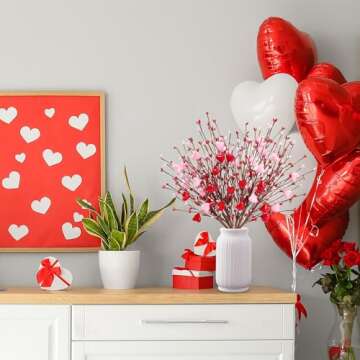 Sggvecsy Heart Shaped Berry Picks 6 Pcs Artificial Red Berry Twig Flowers Stem Branches with Red Pink Heart Valentine’s Day Gifts for Valentine’s Day Anniversary Flower Bouquets Wedding Home Decor