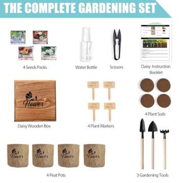 Meekear Indoor Starter 4 Kit with Complete Gardening Kit & Wooden Box, Growing into Shasta Daisy, Co...