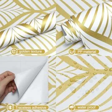 Amiya Gold and White Peel and Stick Wallpaper Modern Boho Removable Vinyl Contact Paper Leaf Self Ad...