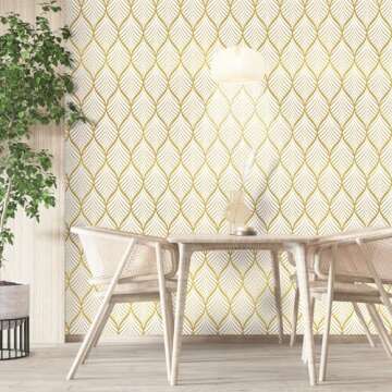 Amiya Gold and White Peel and Stick Wallpaper Modern Boho Removable Vinyl Contact Paper Leaf Self Adhesive Bathroom Wallpaper for Cabinets 17.7" x 236" Renter Friendly