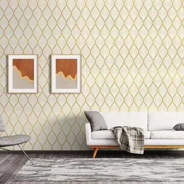Amiya Gold and White Peel and Stick Wallpaper Modern Boho Removable Vinyl Contact Paper Leaf Self Adhesive Bathroom Wallpaper for Cabinets 17.7" x 236" Renter Friendly