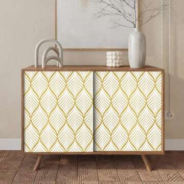 Amiya Gold and White Peel and Stick Wallpaper Modern Boho Removable Vinyl Contact Paper Leaf Self Adhesive Bathroom Wallpaper for Cabinets 17.7" x 236" Renter Friendly