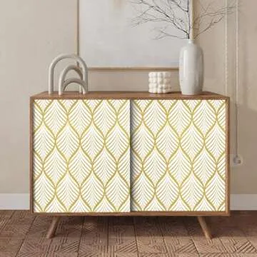 Amiya Gold and White Peel and Stick Wallpaper Modern Boho Removable Vinyl Contact Paper Leaf Self Adhesive Bathroom Wallpaper for Cabinets 17.7" x 236" Renter Friendly