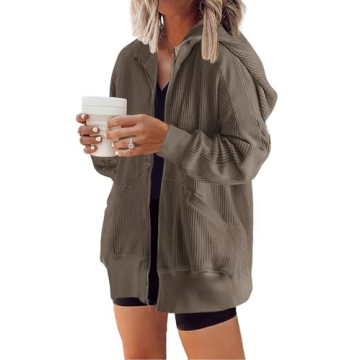 Stylish Waffle Knit Oversized Zip-Up Hoodie for Women