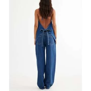 Fisoew Women's Two Piece Denim Set Button Down Backless Tank Top and Wide Leg Jeans 2 Piece Outfit Suits