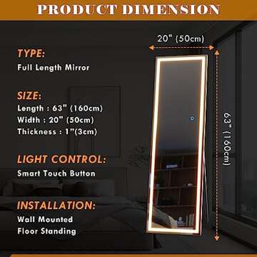 Vlsrka Full Length Mirror with Lights LED Mirror 63 x 20 Full Body Mirror Floor Standing Lighted Mir...