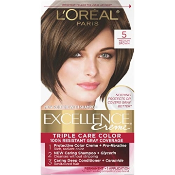 L'Oreal Paris Excellence Creme Permanent Triple Care Hair Color, 5 Medium Brown, Gray Coverage For U...