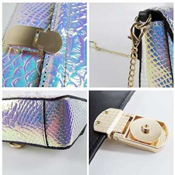 RemeeHi Hologram Snake Skin Leather Shoulder Bag Crossbody Bag with Chain (Hologram Purple)