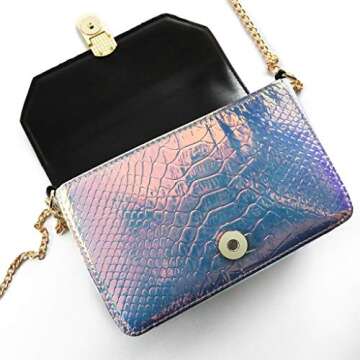 RemeeHi Hologram Snake Skin Leather Shoulder Bag Crossbody Bag with Chain (Hologram Purple)