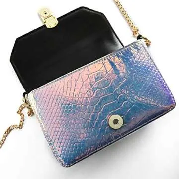 RemeeHi Hologram Snake Skin Leather Shoulder Bag Crossbody Bag with Chain (Hologram Purple)