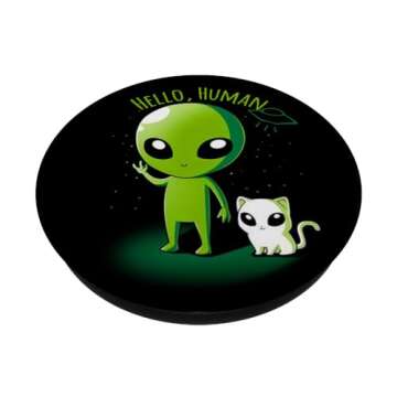 Quirky Green Alien & Cat PopGrip - Fun Device Accessory for All Ages