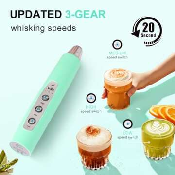 YUSWKO Baby Blue Handheld Milk Frother Wand for Coffee, Rechargeable Electric Whisk with 3 Heads 3 S...