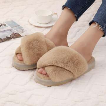 Comwarm Women's Cross Band Fuzzy Slippers Fluffy Open Toe House Slippers Cozy Plush Bedroom Shoes In...