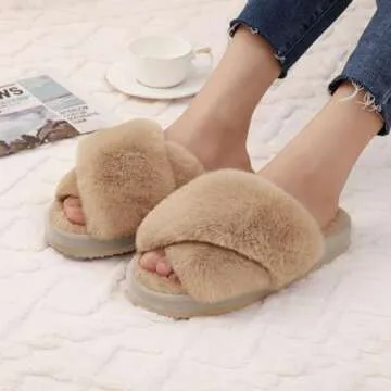 Comwarm Women's Cross Band Fuzzy Slippers Fluffy Open Toe House Slippers Cozy Plush Bedroom Shoes In...