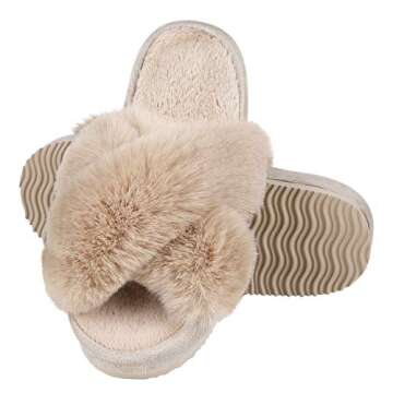 Comwarm Women's Cross Band Fuzzy Slippers Fluffy Open Toe House Slippers Cozy Plush Bedroom Shoes Indoor Outdoor, Camel Size 11.5-13