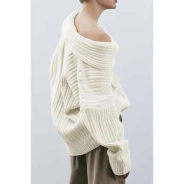 UNCLECAT Women's Off The Shoulder Sweater Trendy Oversized Fall Sweaters Boat Neck Knit Tops Beige