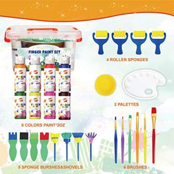 Early Learning Kids Paint Set Washable Finger Paint with Assorted Painting Brushes Sponges Portable ...