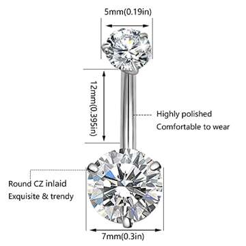 WINSENET 15Pcs Belly Button Rings 14G Belly Rings for Women CZ Dangle Curved Navel Barbell Body Pier...