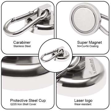 Ant Mag Magnetic Hooks 110lbs Heavy Duty Neodymium Magnet Carabiner with Swivel Carabiner Snap Hook for Indoor/Outdoor Hanging Grill Kitchen Warehouse Office