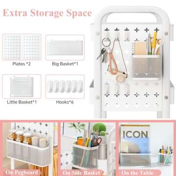 3 Tier Rolling Utility Cart - Metal White Cart Organizer with Wheels, Storage Cart with DIY Dual Peg...