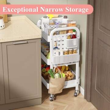 3 Tier Rolling Utility Cart - Metal White Cart Organizer with Wheels, Storage Cart with DIY Dual Pegboards, Removable Baskets Hooks