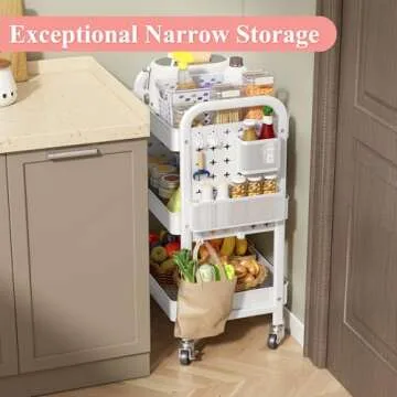 3 Tier Rolling Utility Cart - Metal White Cart Organizer with Wheels, Storage Cart with DIY Dual Pegboards, Removable Baskets Hooks