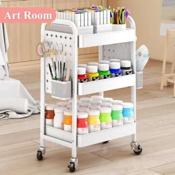 3 Tier Rolling Utility Cart - Metal White Cart Organizer with Wheels, Storage Cart with DIY Dual Pegboards, Removable Baskets Hooks