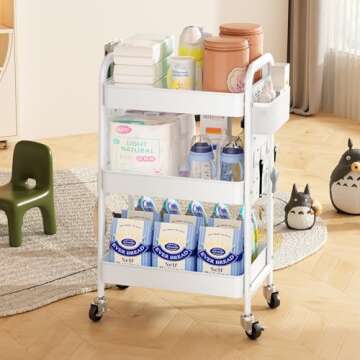 3 Tier Rolling Utility Cart - Metal White Cart Organizer with Wheels, Storage Cart with DIY Dual Pegboards, Removable Baskets Hooks