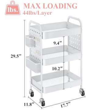 3 Tier Rolling Utility Cart - Metal White Cart Organizer with Wheels, Storage Cart with DIY Dual Pegboards, Removable Baskets Hooks