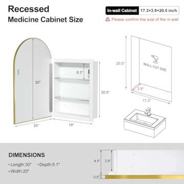Mepplzian Recessed Medicine Cabinet with Mirror,Arched Medicine Cabinet for Bathroom,Brushed Gold Me...