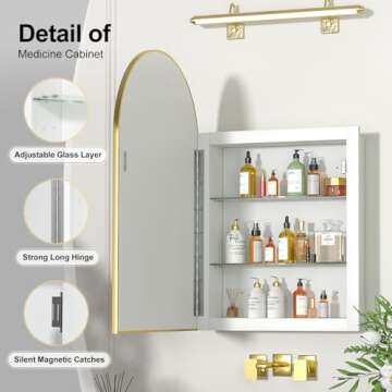 Mepplzian Recessed Medicine Cabinet with Mirror,Arched Medicine Cabinet for Bathroom,Brushed Gold Medicine Cabinet in Wall Bathroom Cabinet with Mirror,Mirrored Medicine Cabinet Wall Mounted 20x30 in
