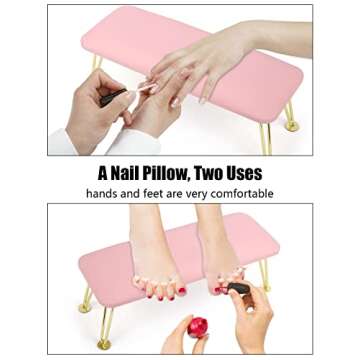 Nail Arm Rest for Acrylic Nails, Microfiber Leather Nail Hand Rest Cushion for Nails, Soft Hand Pillow Footstool with 4 Stainless Steel Stands Thick Sponge Nail Pillow for Nail Tech Use (Pink)