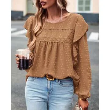 BTFBM Long Sleeve Swiss Dot Blouses for Women Dressy Casual Spring Fall Crewneck Boho Western Shirts Business Work Tops(Swiss Dot Brown, Medium)