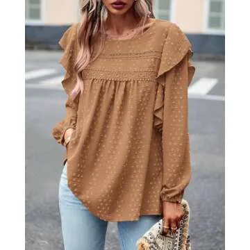 BTFBM Long Sleeve Swiss Dot Blouses for Women Dressy Casual Spring Fall Crewneck Boho Western Shirts Business Work Tops(Swiss Dot Brown, Medium)